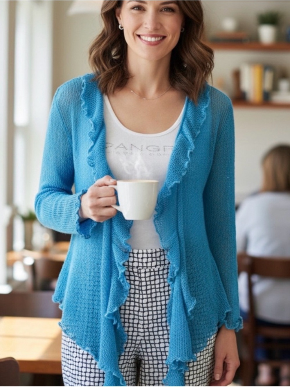 Mirror Image Open Knit Cardigan OS Turquoise Ruffle Trim Loose Layering Shrug